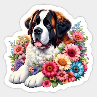 A St. Bernard dog decorated with beautiful colorful flowers. Sticker